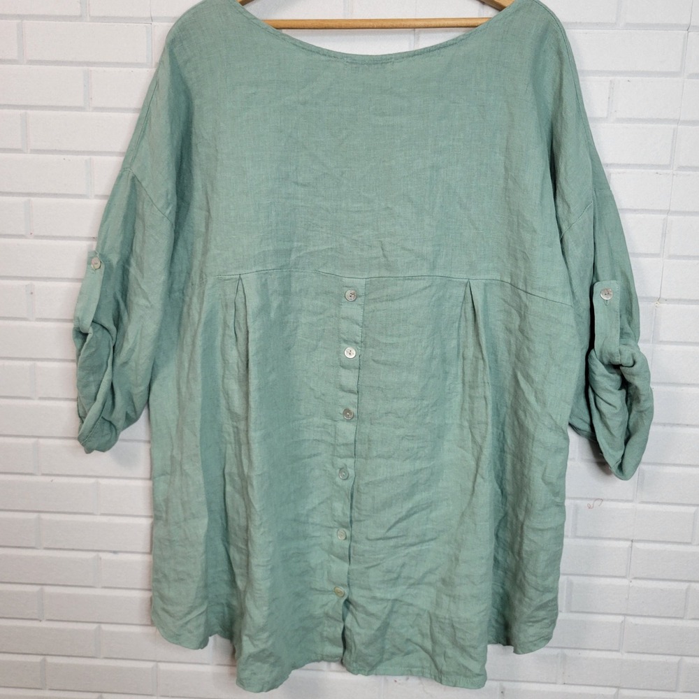 Terzo Millennio Tunic Top L Green Linen Roll Tab Minimalist Lagenlook Italy - Picture 2 of 8